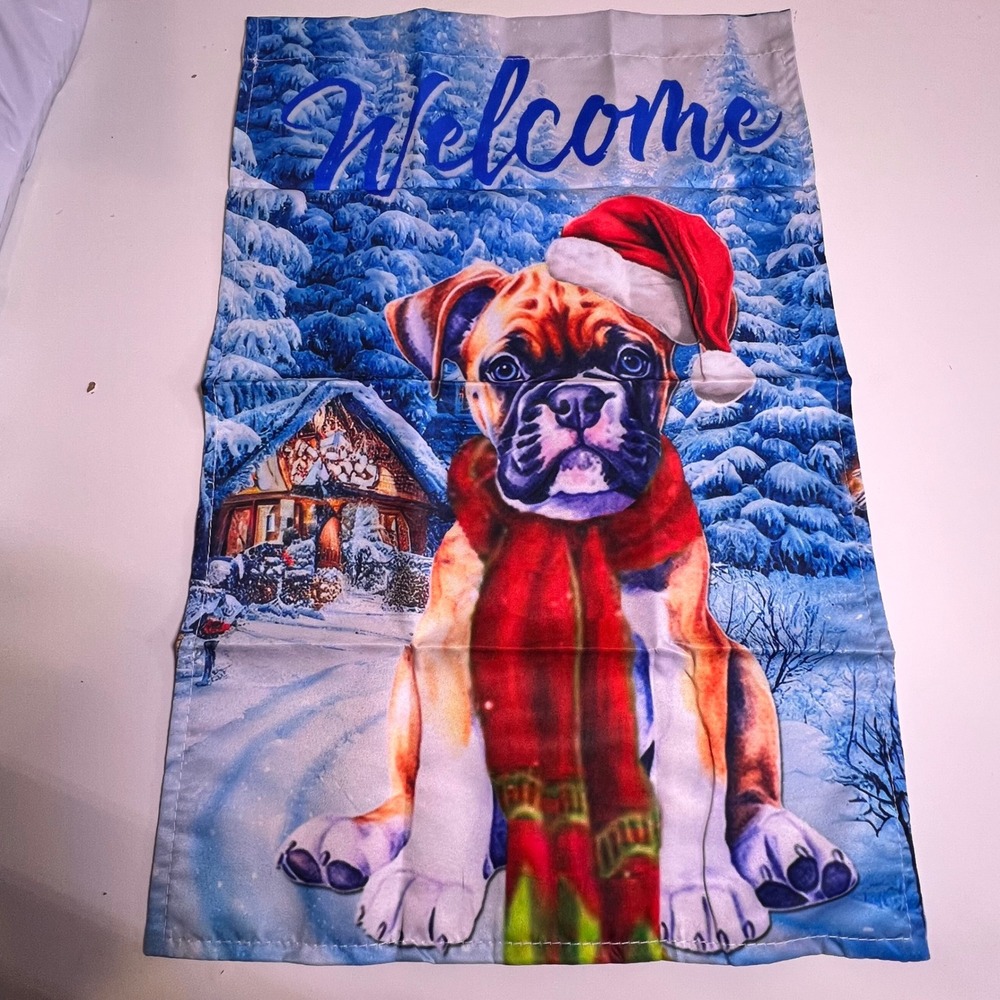 12x18 Garden Flag Blue Boxer Dog Christmas Welcome Winter Decor Whimsical Puppy